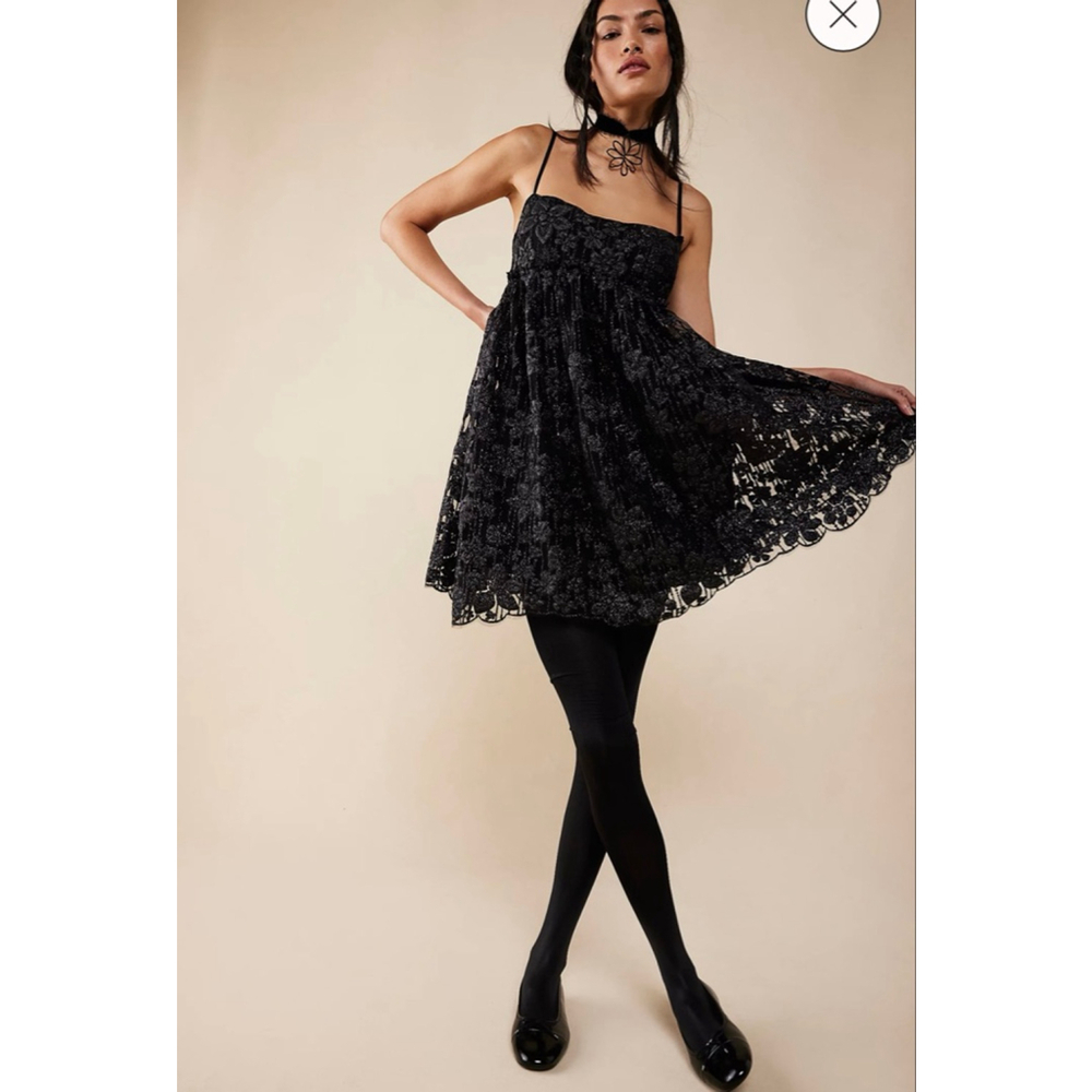 Free People All That Glitters Lace Mini Dress Black Goth Fairy Grunge Large NWOT - Picture 1 of 10